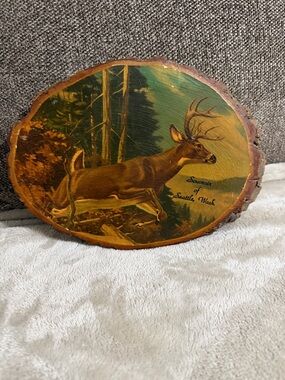 Vintage Deer Souvenir Wood Plaque - Brown & Green souvenir of Seattle Wash.